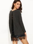 Shein Black Drop Shoulder Split Back Sweater With Lace Detail