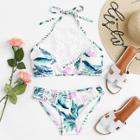 Shein Contrast Lace Leaf Print Bikini Set