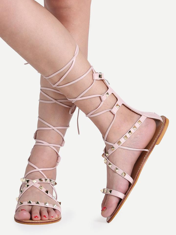 Shein Pink Open Toe Lace Up Studded Gladiator Sandals