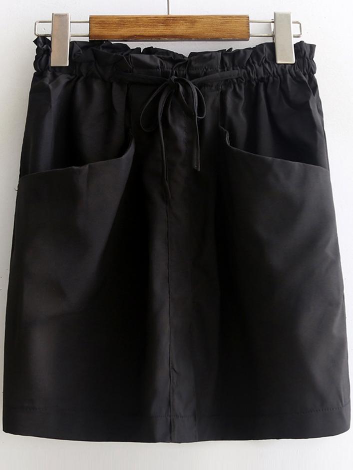 Shein Black Elastic Tie Waist Pockets Split Front Skirt