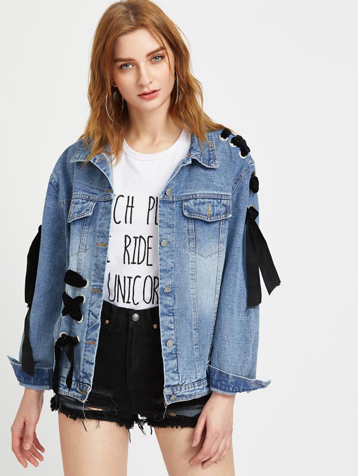 Shein Blue Eyelet Lace Up Detail Denim Jacket