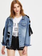 Shein Blue Eyelet Lace Up Detail Denim Jacket