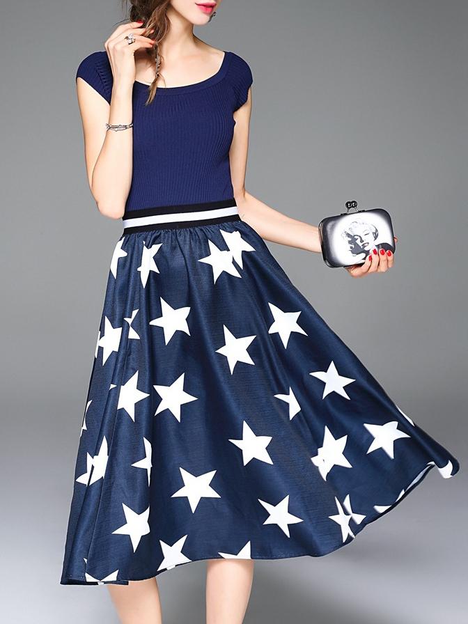 Shein Blue Knit Striped Stars Print Combo Dress