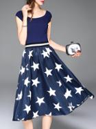 Shein Blue Knit Striped Stars Print Combo Dress