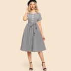 Shein Self Belted Button Up Flare Dress