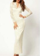 Rosewe Alluring V Neck Long Sleeve White Maxi Dress For Woman