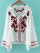 Shein White Embroidered Tie Neck Blouse