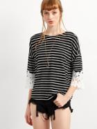 Shein Black Striped Crochet Cuff Tie Top