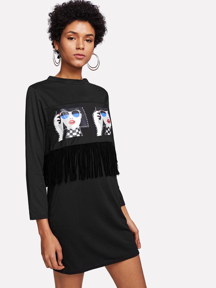 Shein Figure Patch Fringe Detail Dress