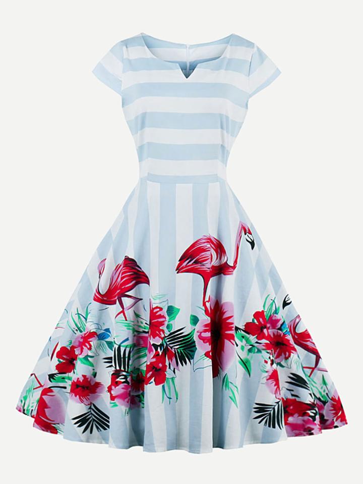 Shein Contrast Striped Flamingo Print V Cut Swing Dress