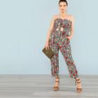 Shein Plus Flower And Plaid Print Jumpsuit