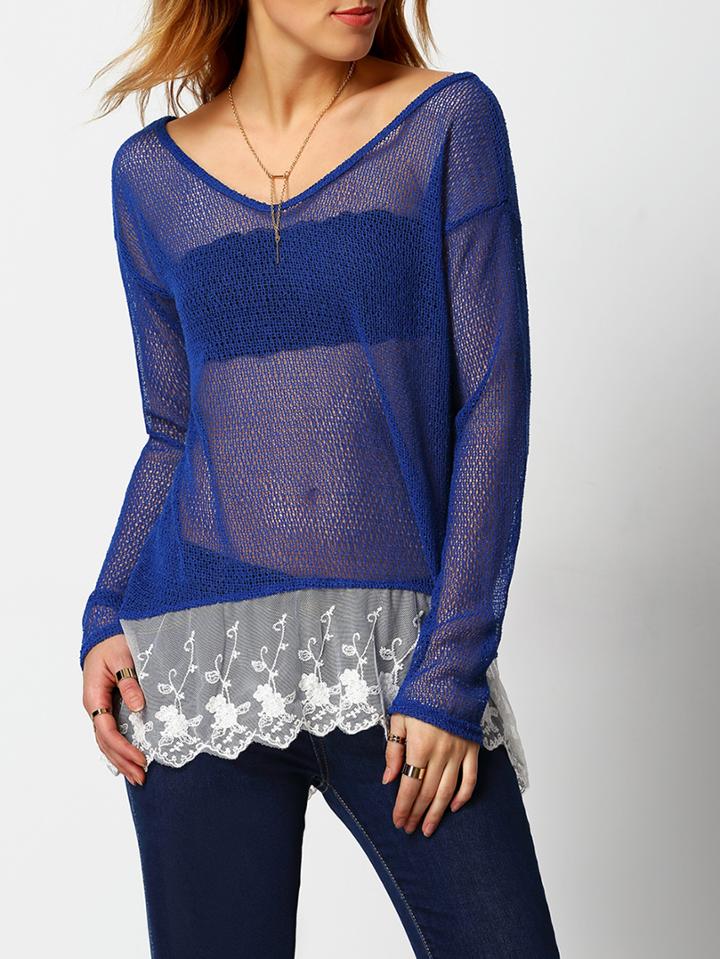 Shein Blue Long Sleeve Lace Hem Loose Blouse