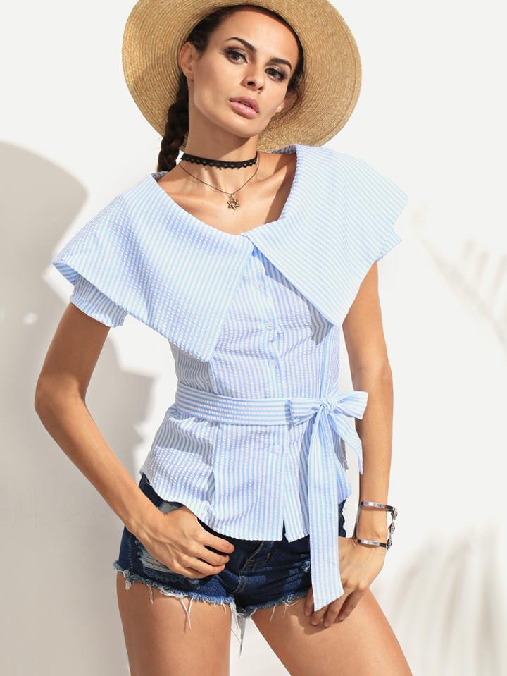 Shein Blue Vertical Striped Cape Collar Blouse