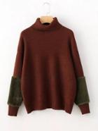 Shein Faux Fur Panel Cuff Turtleneck Sweater