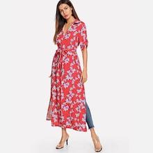 Shein Floral Print Belted Split Dress