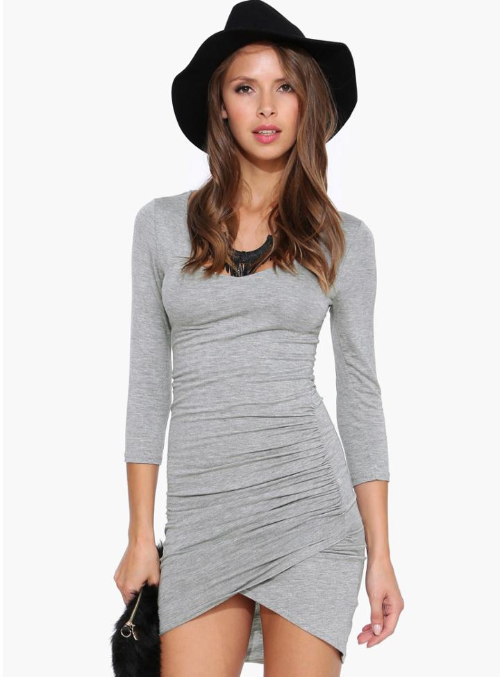 Shein Grey Long Sleeve Ruched Wrap Dress