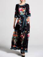 Shein Bell Sleeve Flowers Print Maxi Dress