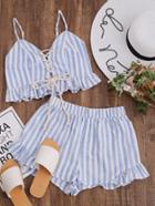 Shein Striped Lace Up Smocked Cami And Ruffle Shorts Co-ord