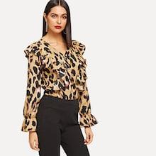 Shein Cheetah Print Flounce Trim Blouse