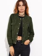 Shein Olive Green Suede Hidden Zip Bomber Jacket