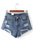 Shein Blue Ripped Asymmetric Hem Rivet Denim Shorts