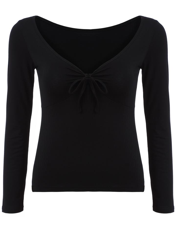 Shein Black V Neck Bow Slim T-shirt