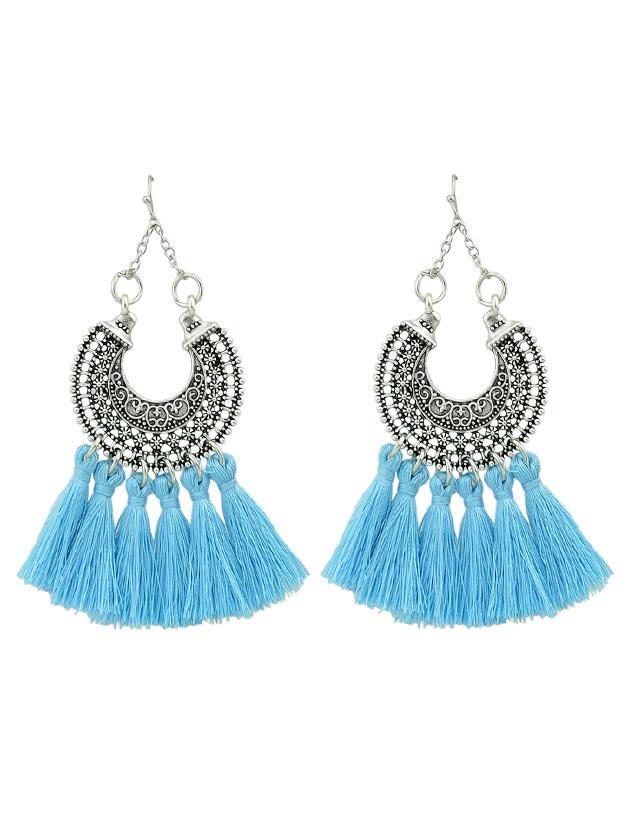 Shein Blue Horns Shape With Long Tassel Drop Ethnic Earrings