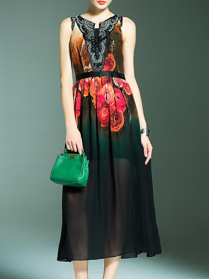Shein Multicolor Print Beading Sheer A-line Dress