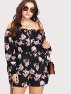 Shein Off Shoulder Floral Print Tie Neck Romper