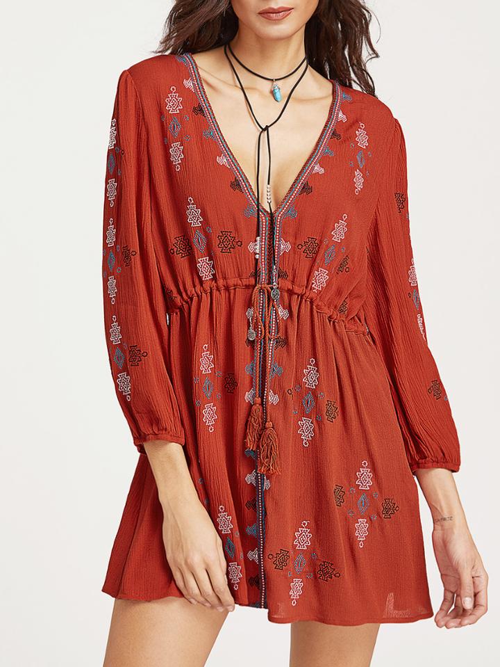 Shein Plunge Neck Tasseled Drawstring Waist Embroidered Dress