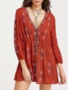 Shein Plunge Neck Tasseled Drawstring Waist Embroidered Dress