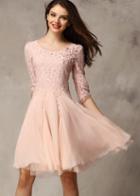 Shein Pink Half Sleeve Lace Bead Chiffon Babydoll Dress