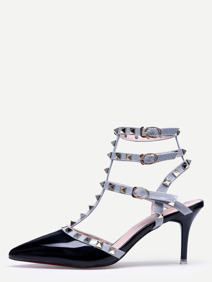 Shein Black Pointed Toe Buckle Strap Studded Stiletto Heels