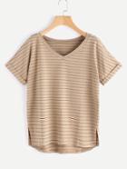 Shein Slit Side High Low Cuffed Striped Tee