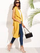 Shein Yellow Sleeveless Lapel Tie Waist Long Outerwear