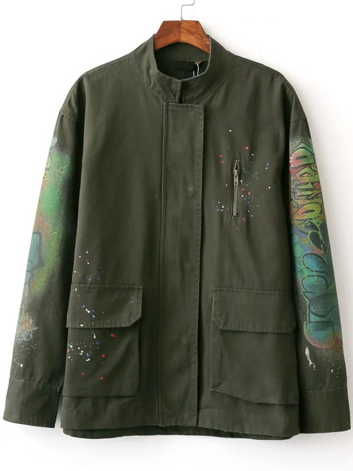 Shein Army Green Graffiti Print Coat With Pocket