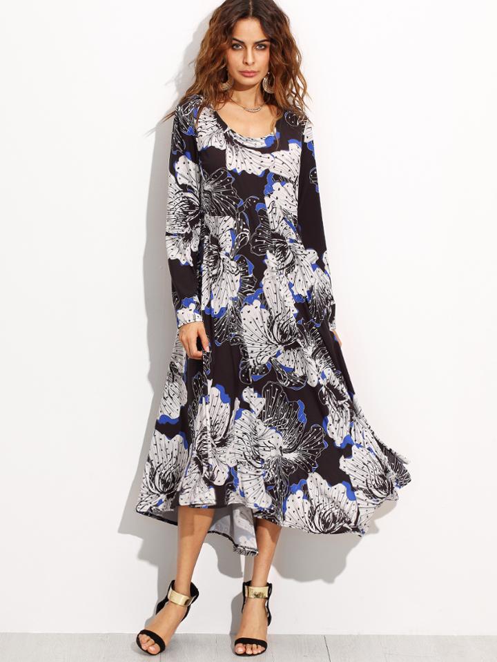 Shein Black Floral Print Long Sleeve Asymmetrical Dress