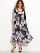 Shein Black Floral Print Long Sleeve Asymmetrical Dress
