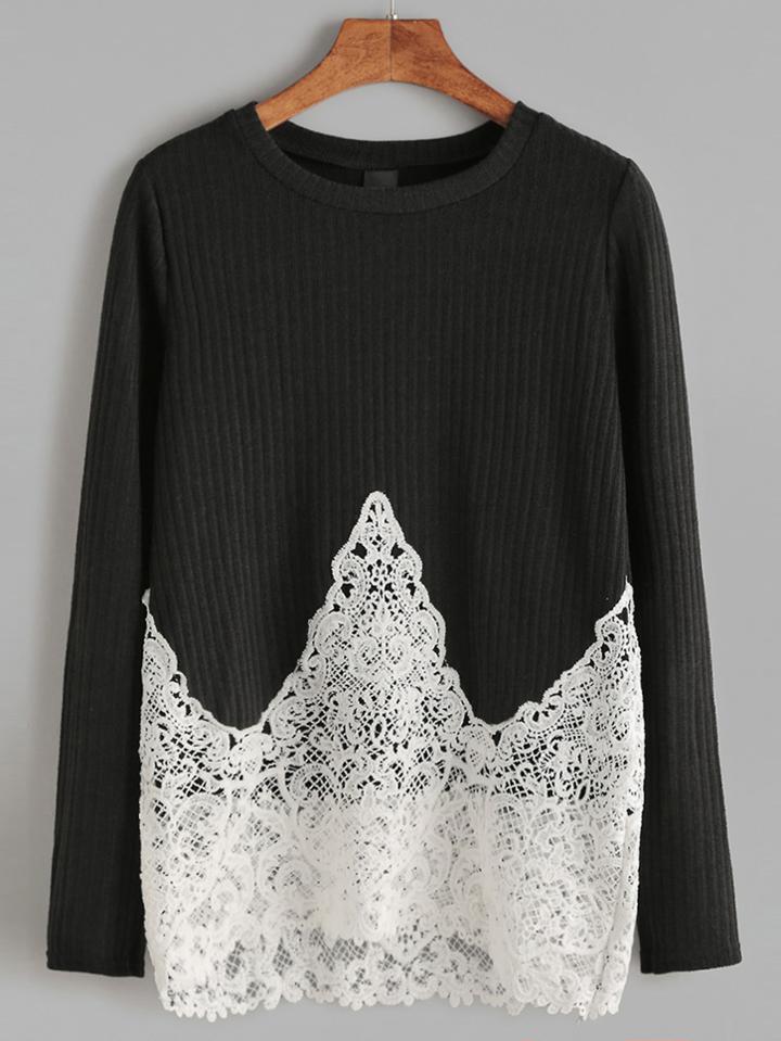 Shein Contrast Lace Hem Ribbed T-shirt