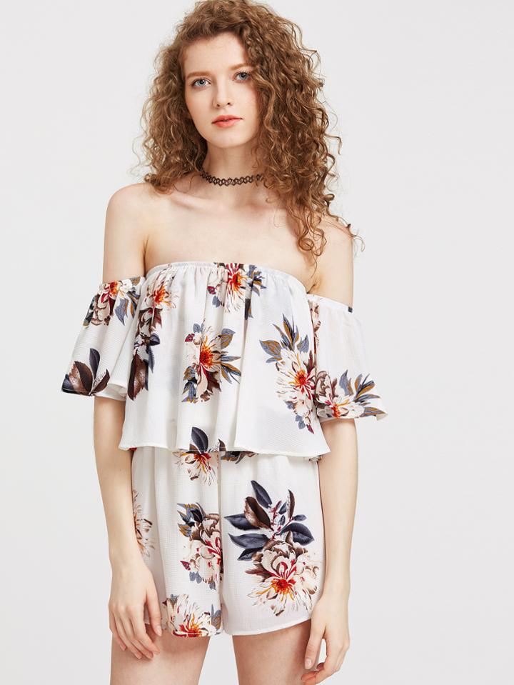 Shein Flower Print Flounce Layered Neckline Romper