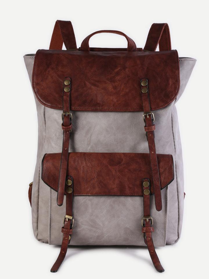 Shein Beige Faux Leather Buckle Strap Flap Pocket Backpack