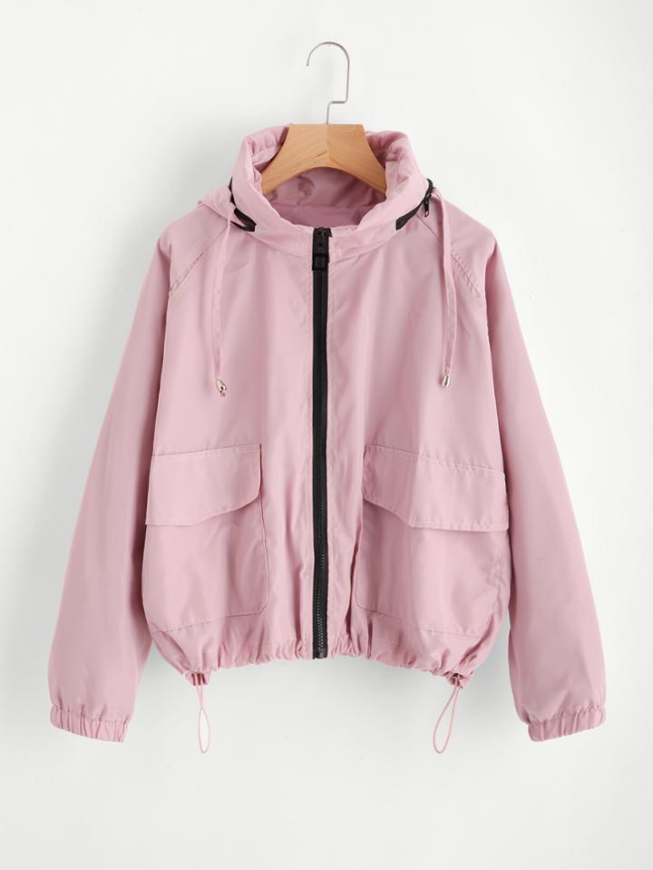 Shein Flap Pocket Front Drawstring Hem Hooded Jacket