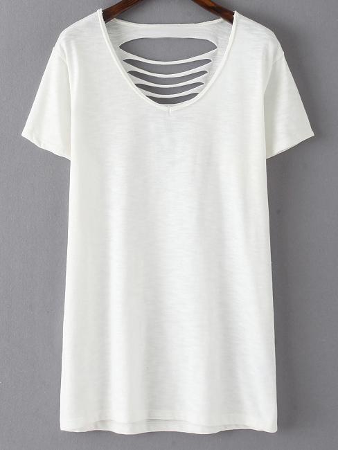 Shein White Short Sleeve Ripped Hole Casual T-shirt