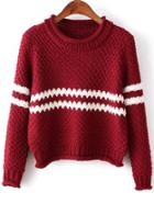 Shein Wine Red Round Neck Striped Crop Knit Sweater