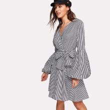 Shein Surplice Wrap Tie Waist Lantern Sleeve Stripe Dress