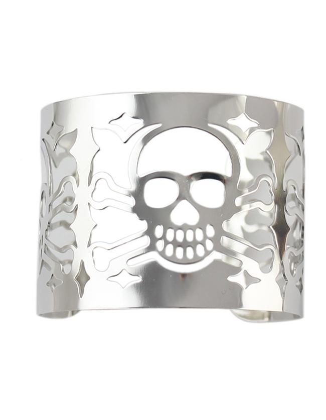 Shein Alloy Silver Plated Skull Head Hollow Out Wide Cuff Bracelet