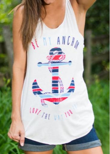Rosewe Round Neck Anchor Print White Tank Top
