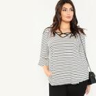 Shein Plus Crisscross Neck Ruffle Cuff Striped Tee