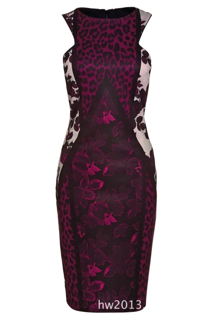 Shein Red Black Sleeveless Leaves Print Bodycon Dress