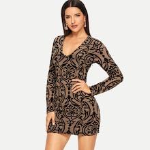 Shein Plunging Neck Flocked Damask Dress